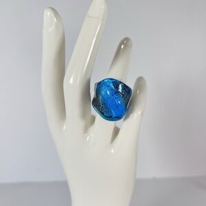 Murano Style Blue‎ Glass Ring Size 7 Abstract Design VTG 1